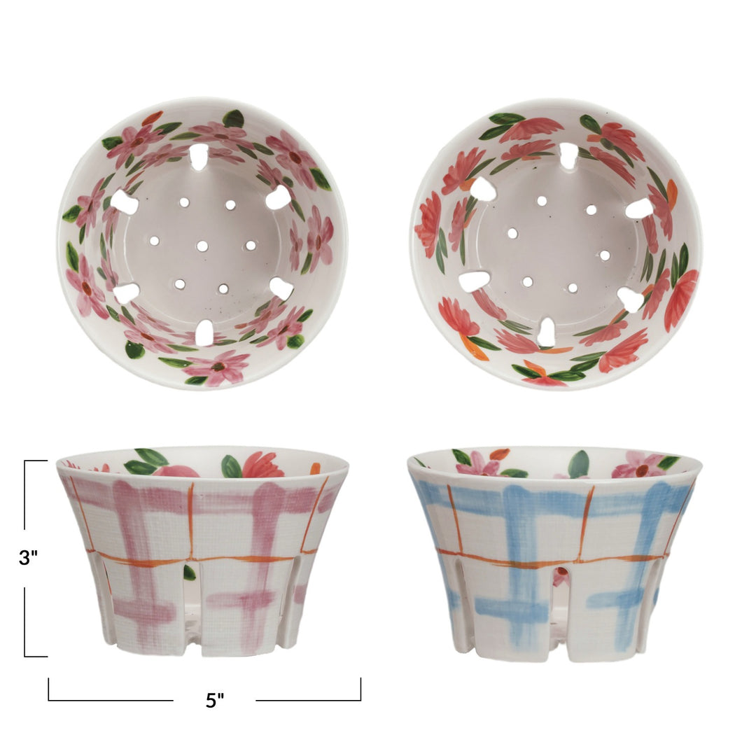 Hand-Painted Stoneware Berry Bowl With Plaid & Floral Pattern