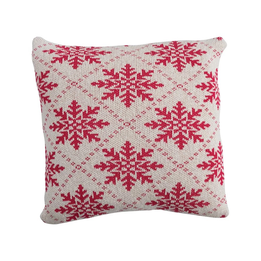 Red Snowflake Cotton Knit Pillow, 20" x 20"