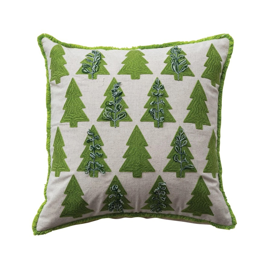 Embroidered Trees With Eyelash Fringe Pillow, 20" x 20"