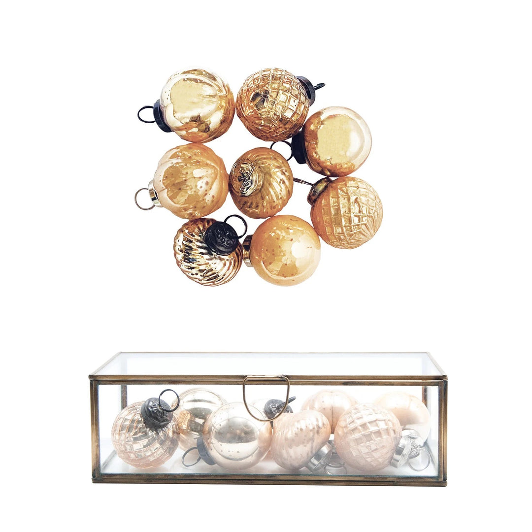 Gold Embossed Mercury Glass Ornaments In Display Box, Set Of 9