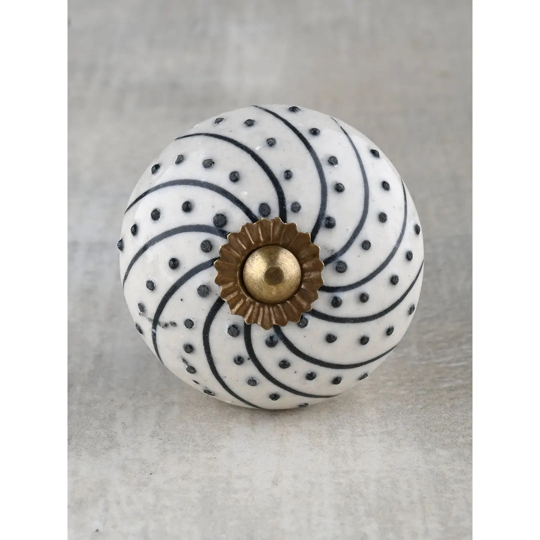 Round Handmade Off White Ceramic Knob With Black Design | Cabinet