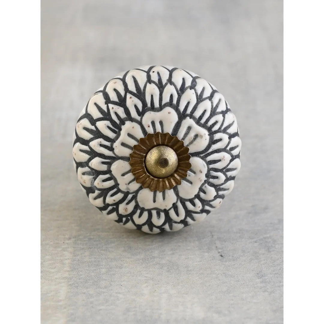 Handmade White Ceramic Knob With Black Multi-Floral Layer | Drawer