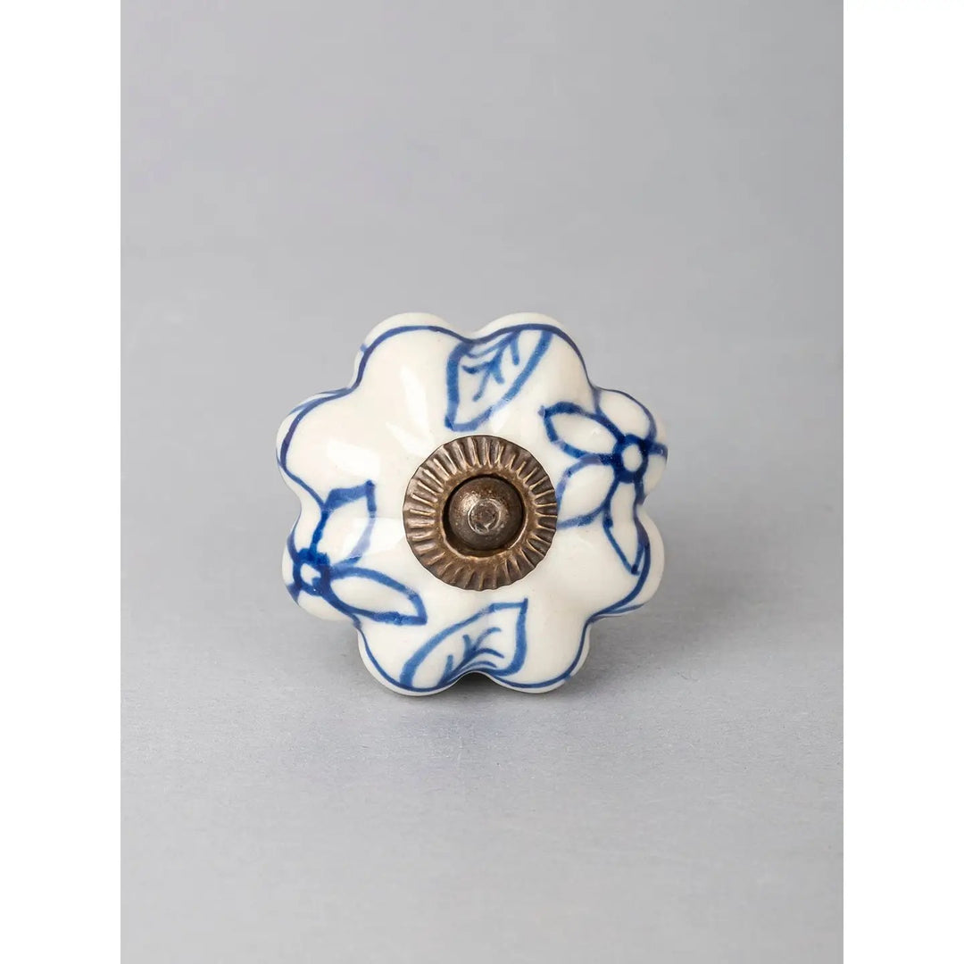 Handmade Floral Shape Blue & White Ceramic Knob | Cabinet