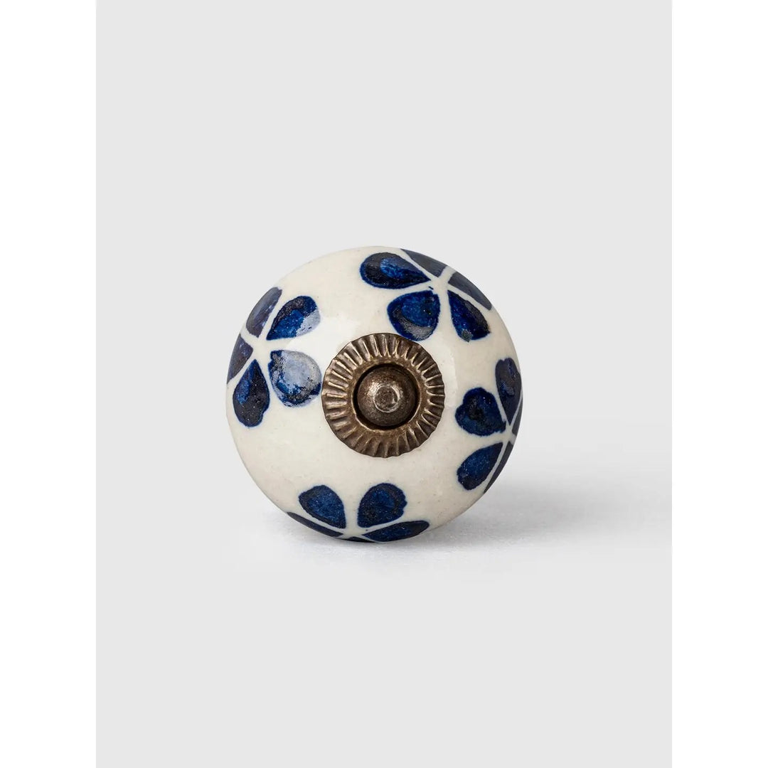 Handmade Decorative Round Blue & Off-White Floral Knob | Cabinet