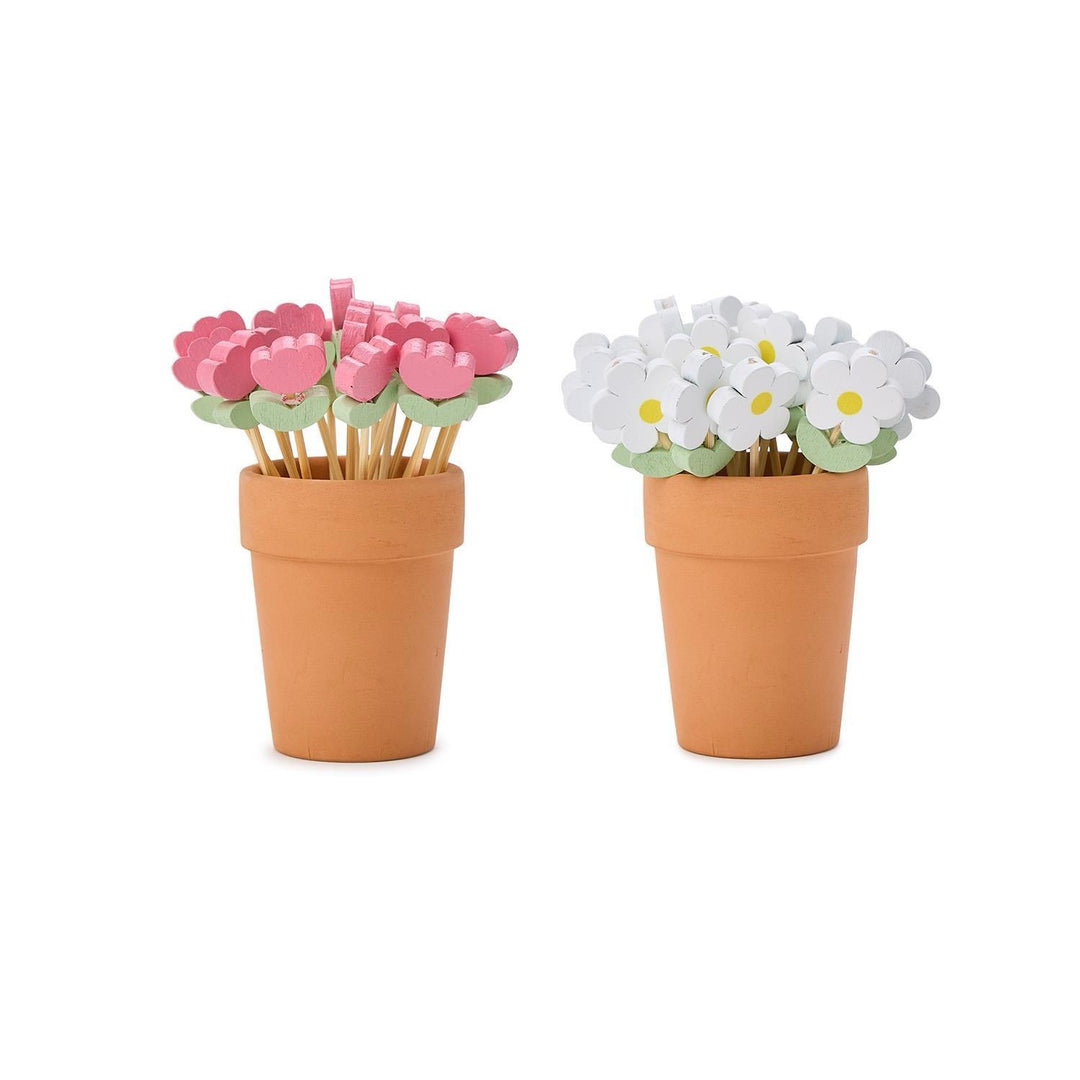 Garden Blooms Cocktail Picks In Flower Pot Holder, Set Of 20 Picks