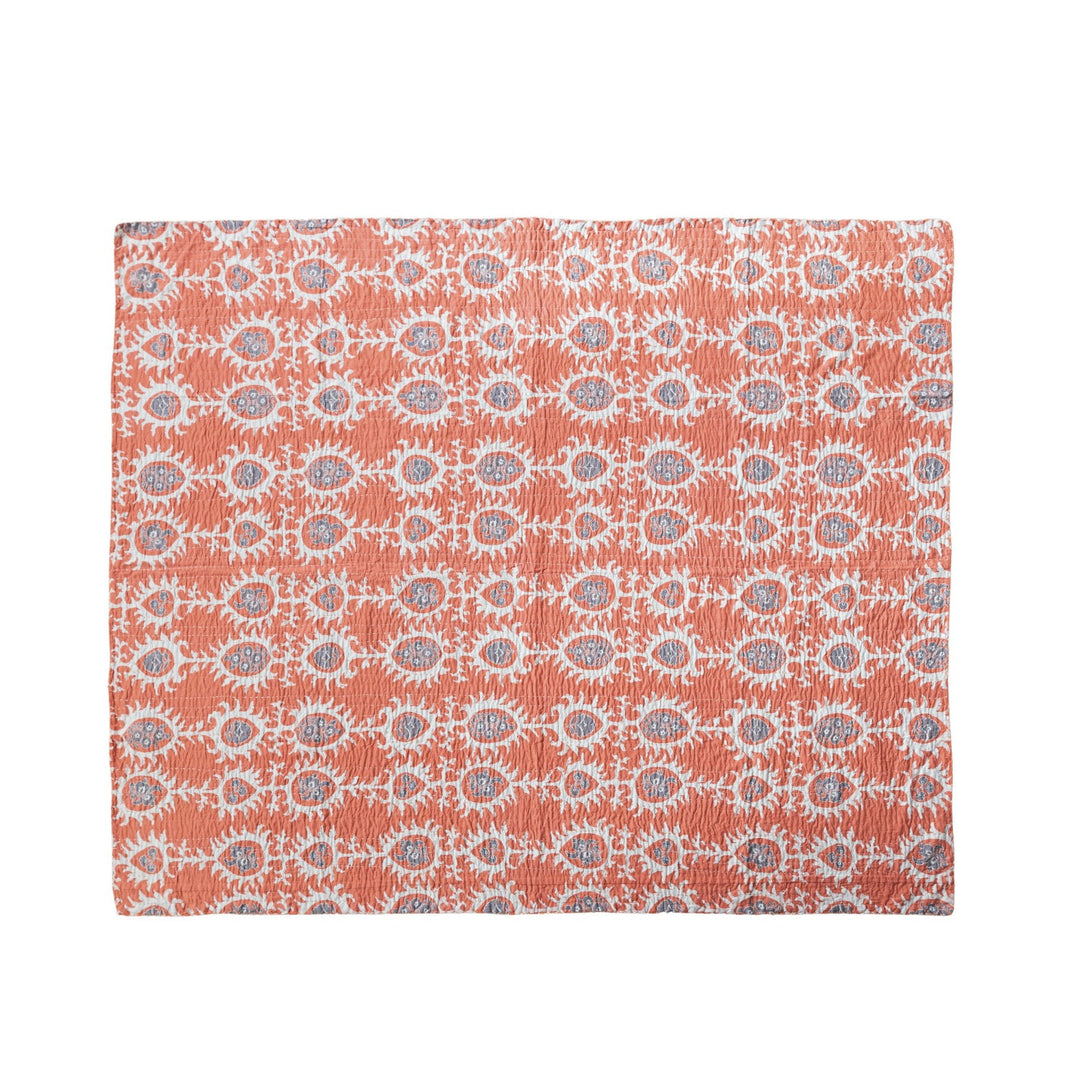 Orange Cotton Voile Printed Throw With Suzani Pattern & Kantha Stitch