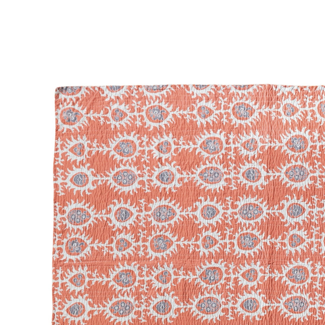 Orange Cotton Voile Printed Throw With Suzani Pattern & Kantha Stitch