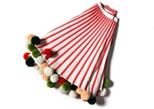 Red Stripe Tree Skirt With Pom Poms