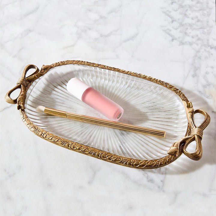 Antique Gold & Glass Vanity Tray With Bow Accent
