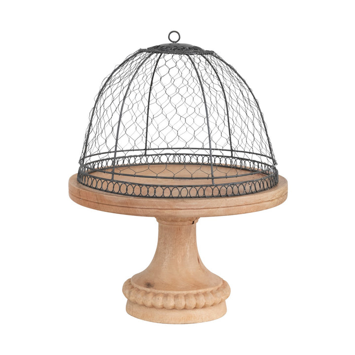 Metal Wire Cloche With Mango Wood Pedestal Base