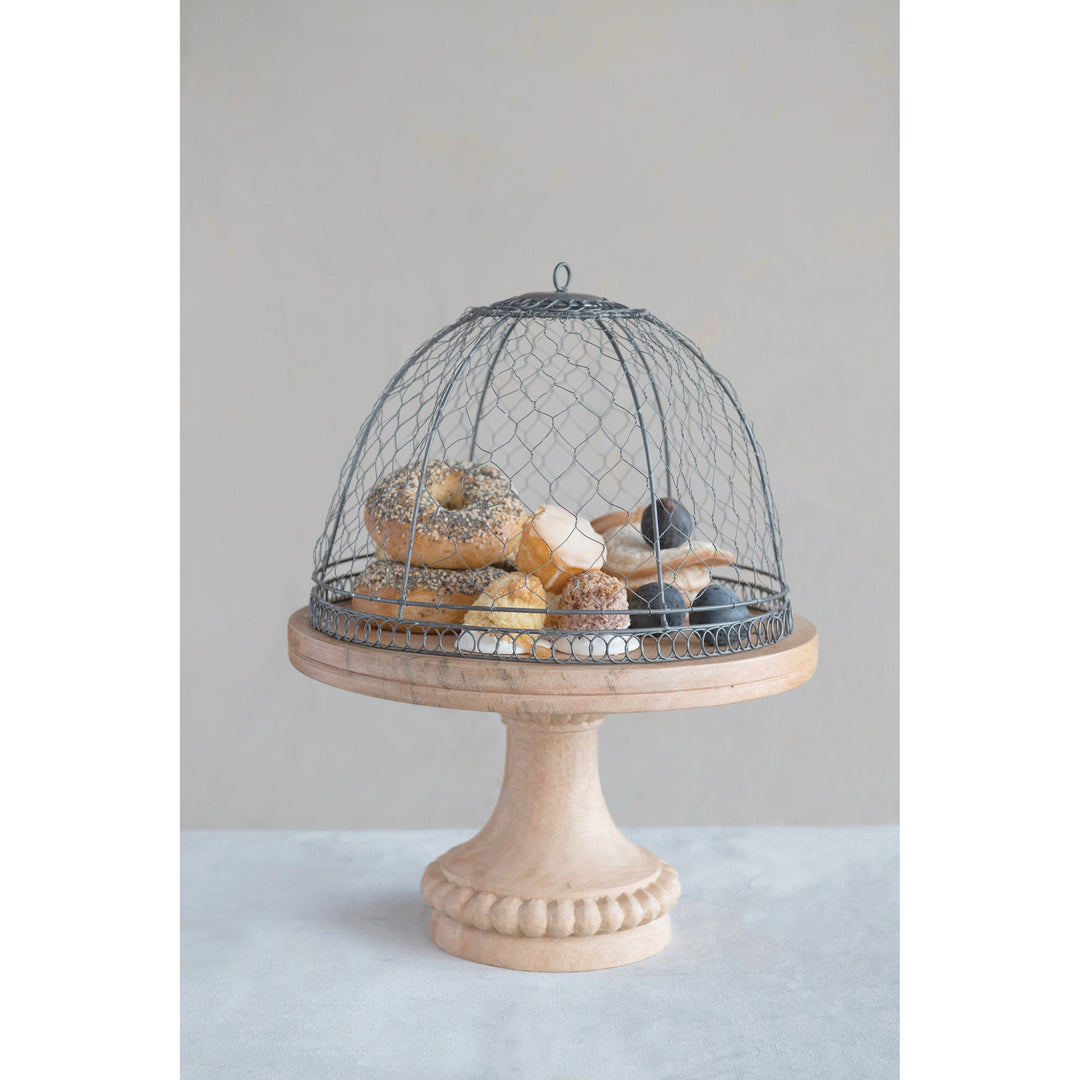 Metal Wire Cloche With Mango Wood Pedestal Base