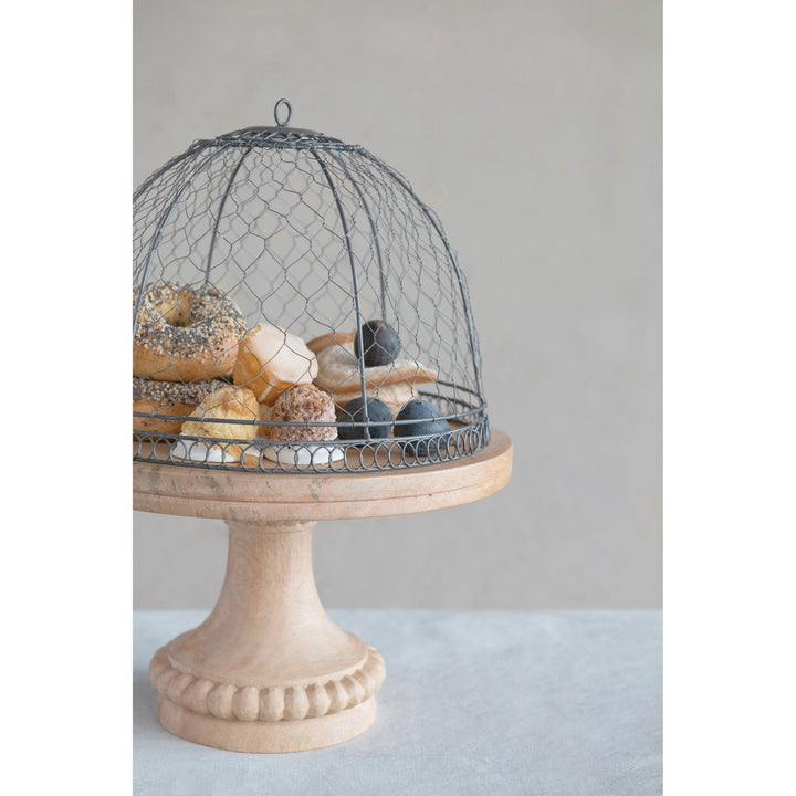Metal Wire Cloche With Mango Wood Pedestal Base