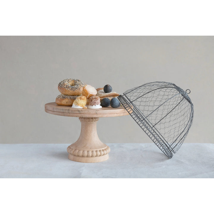 Metal Wire Cloche With Mango Wood Pedestal Base