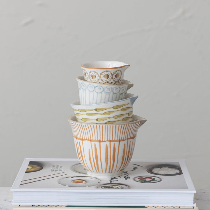Hand-Painted Patterned Stoneware Measuring Cups, Set Of 4