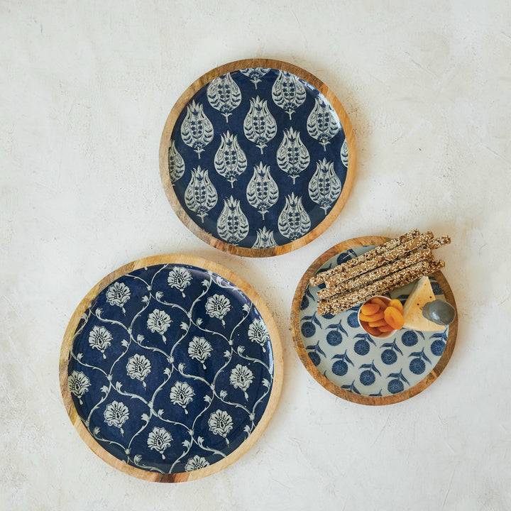 Floral Patterned Enameled Mango Wood Trays