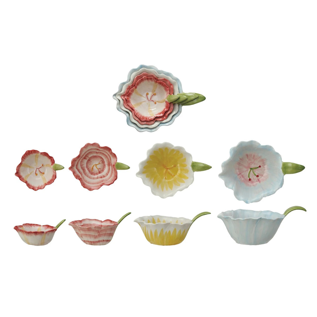 Hand-Painted Flower Shaped Stoneware Prep Bowls, Set Of 4