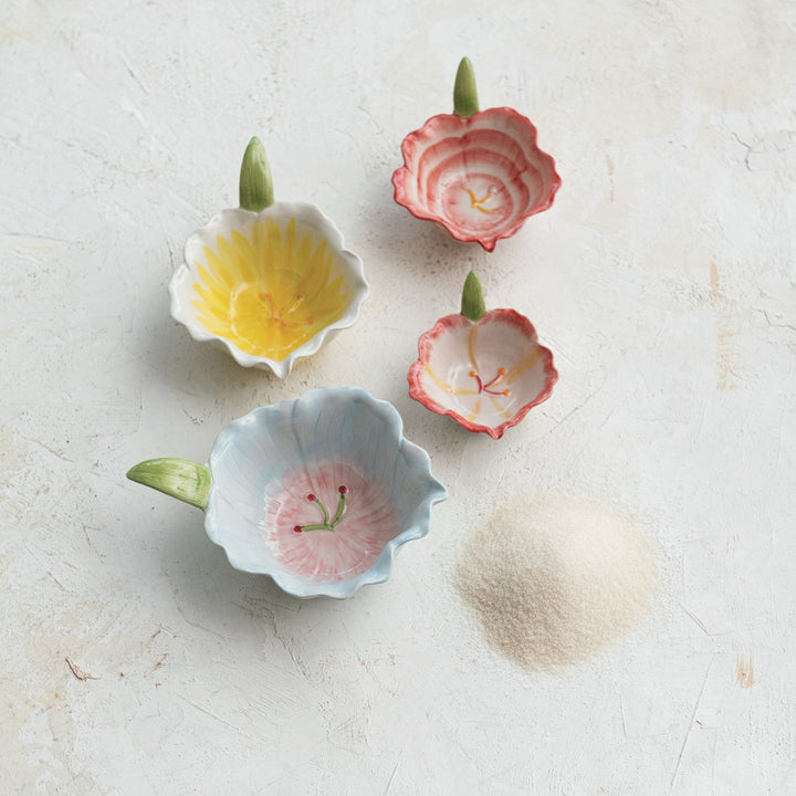 Hand-Painted Flower Shaped Stoneware Prep Bowls, Set Of 4