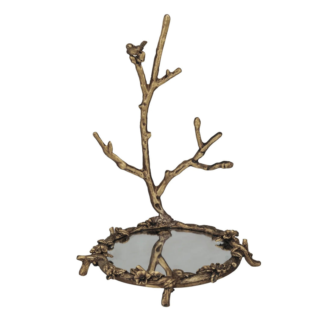 Pewter Jewelry Holder With Mirror & Bird On Branch In Antique Gold Finish