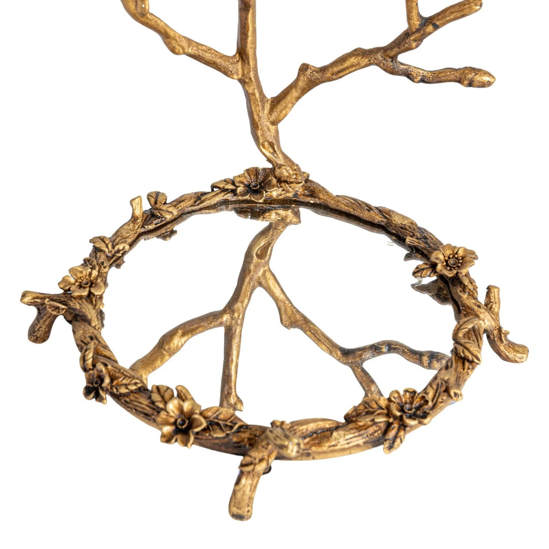 Pewter Jewelry Holder With Mirror & Bird On Branch In Antique Gold Finish