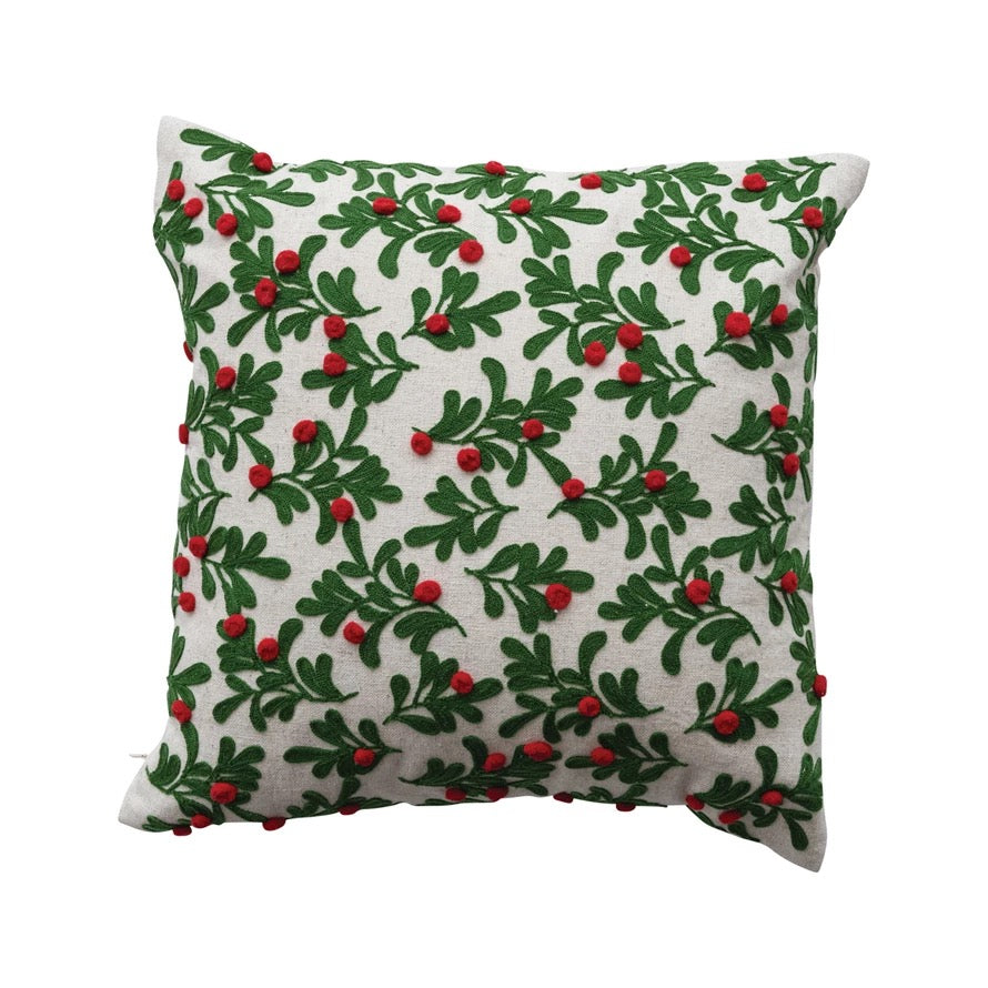 Embroidered Mistletoe Cotton & Linen Pillow, 16" x 16"