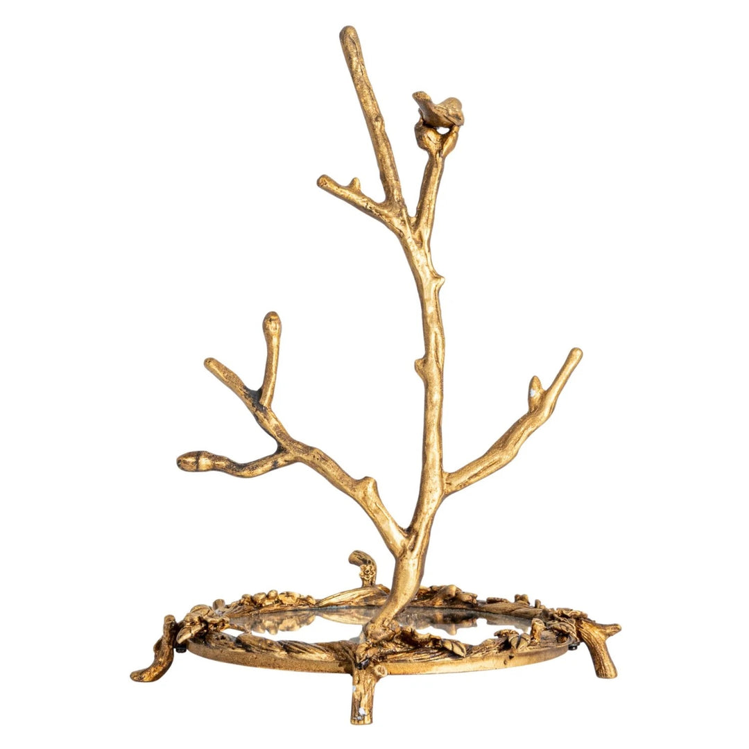 Pewter Jewelry Holder With Mirror & Bird On Branch In Antique Gold Finish