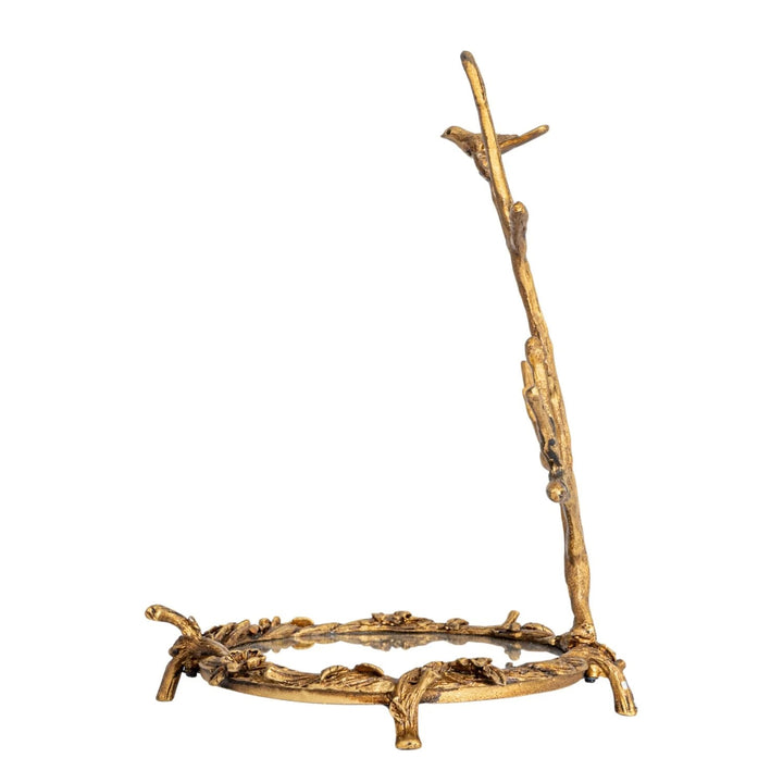 Pewter Jewelry Holder With Mirror & Bird On Branch In Antique Gold Finish