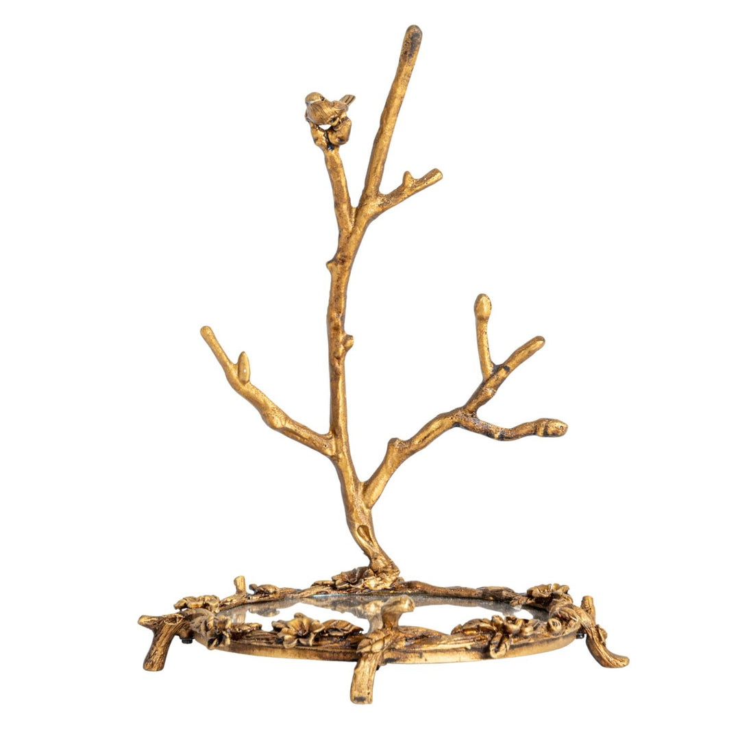 Pewter Jewelry Holder With Mirror & Bird On Branch In Antique Gold Finish