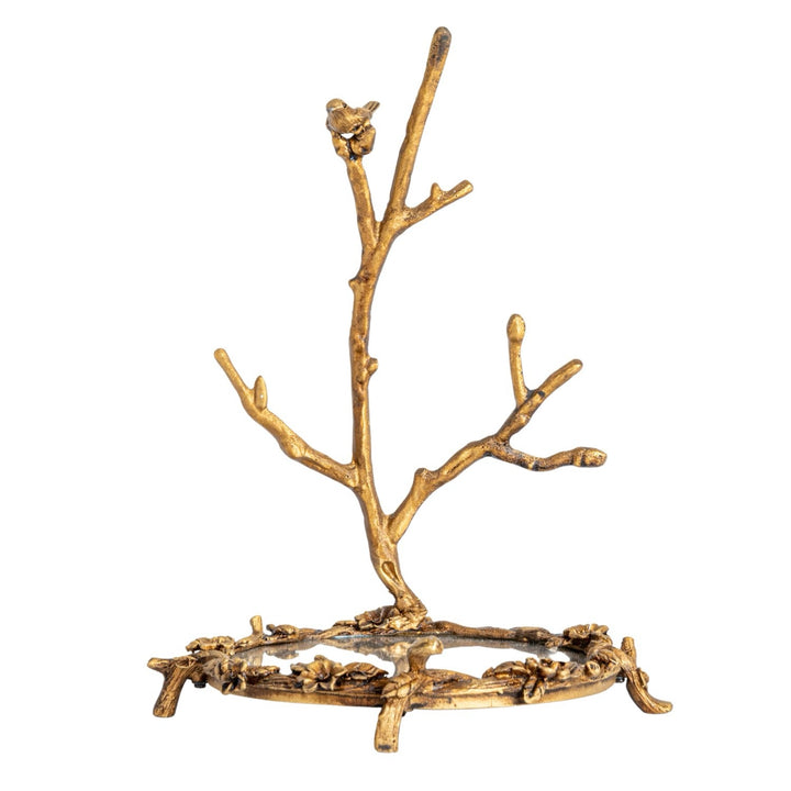Pewter Jewelry Holder With Mirror & Bird On Branch In Antique Gold Finish