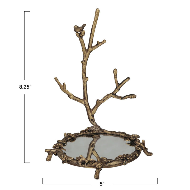 Pewter Jewelry Holder With Mirror & Bird On Branch In Antique Gold Finish
