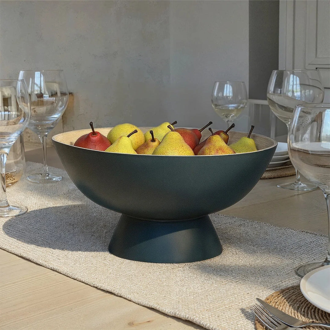 Matte Navy Bamboo Footed Bowl With Natural Finish Inside, 12"