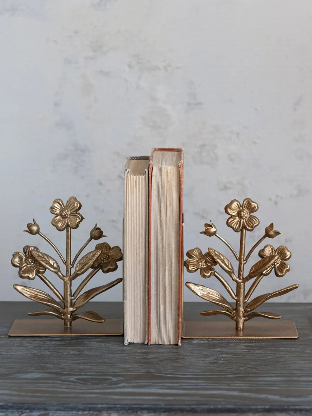 Gold Finish Cast Iron Flower Shaped Bookends, Set of 2
