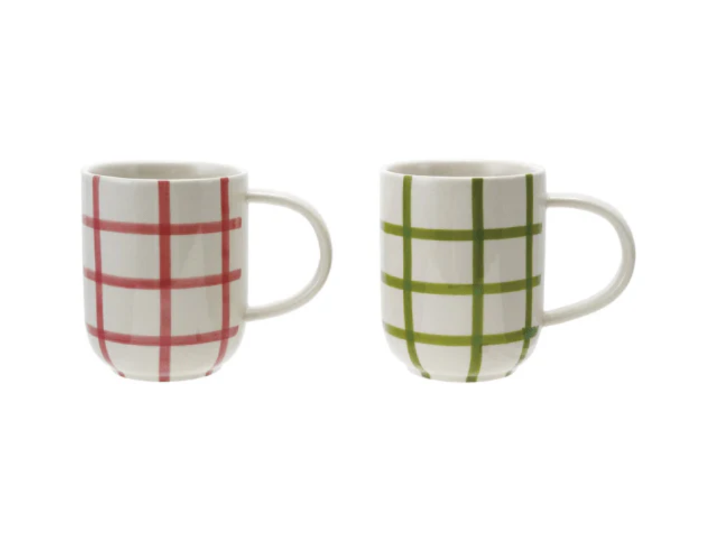 Hand-Painted Grid Pattern Stoneware Mug, 10 Ounces