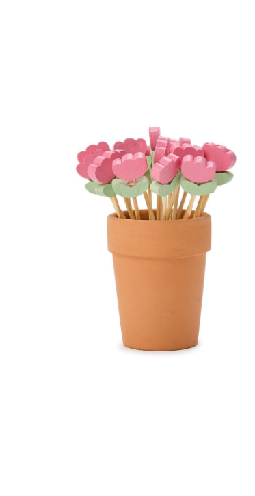 Garden Blooms Cocktail Picks In Flower Pot Holder, Set Of 20 Picks