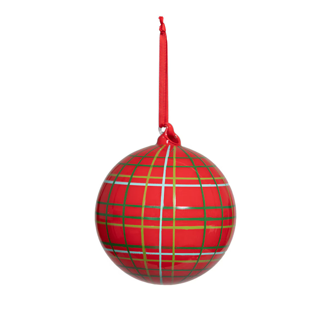 Hand Blown Plaid Glass Ball Ornament