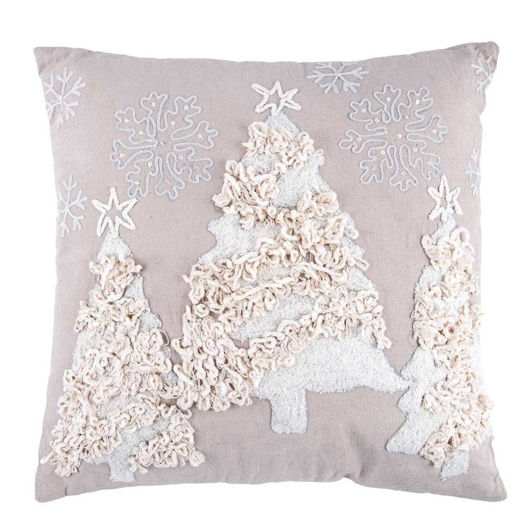 Beige Christmas Tree Cotton Embroidered Pillow, 18" x 18"
