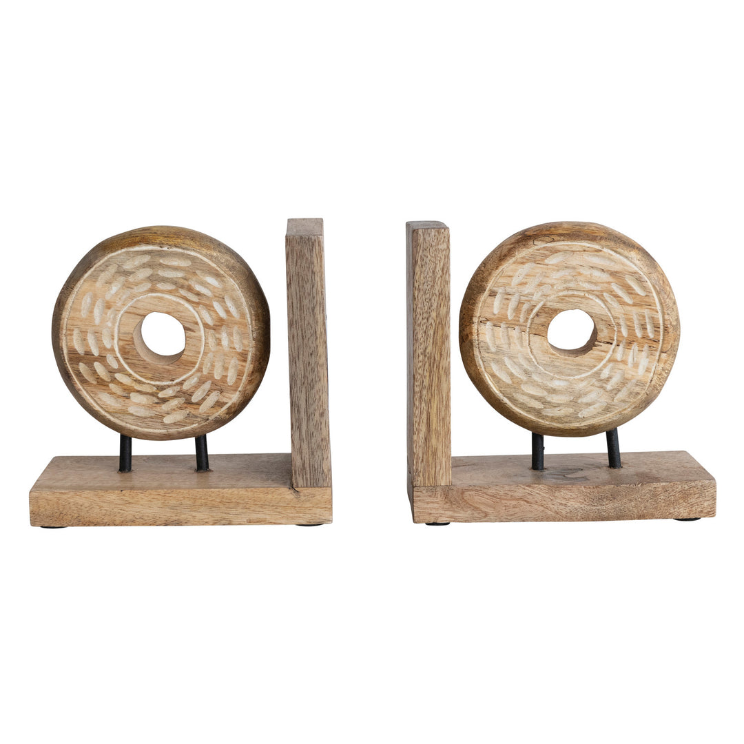 Natural Hand-Carved Mango Wood & Metal Circle Bookends, Set of 2