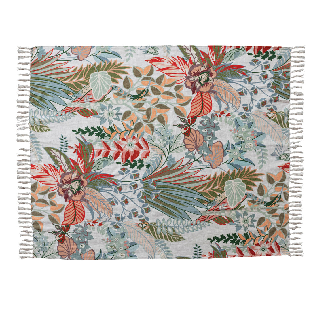 Cotton Slub Printed Throw with Tropical Botanicals & Fringe