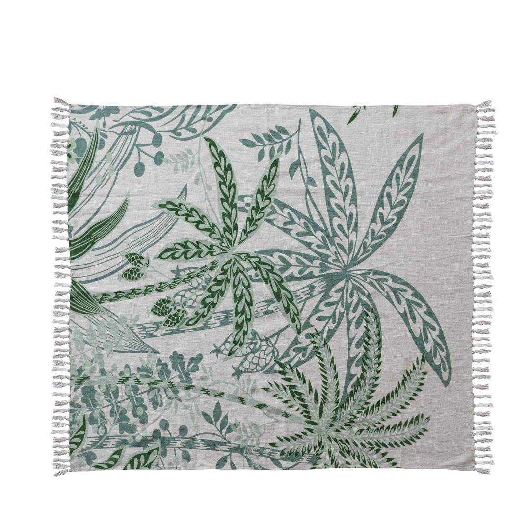 Cotton Slub Printed Throw with Palm Trees & Fringe