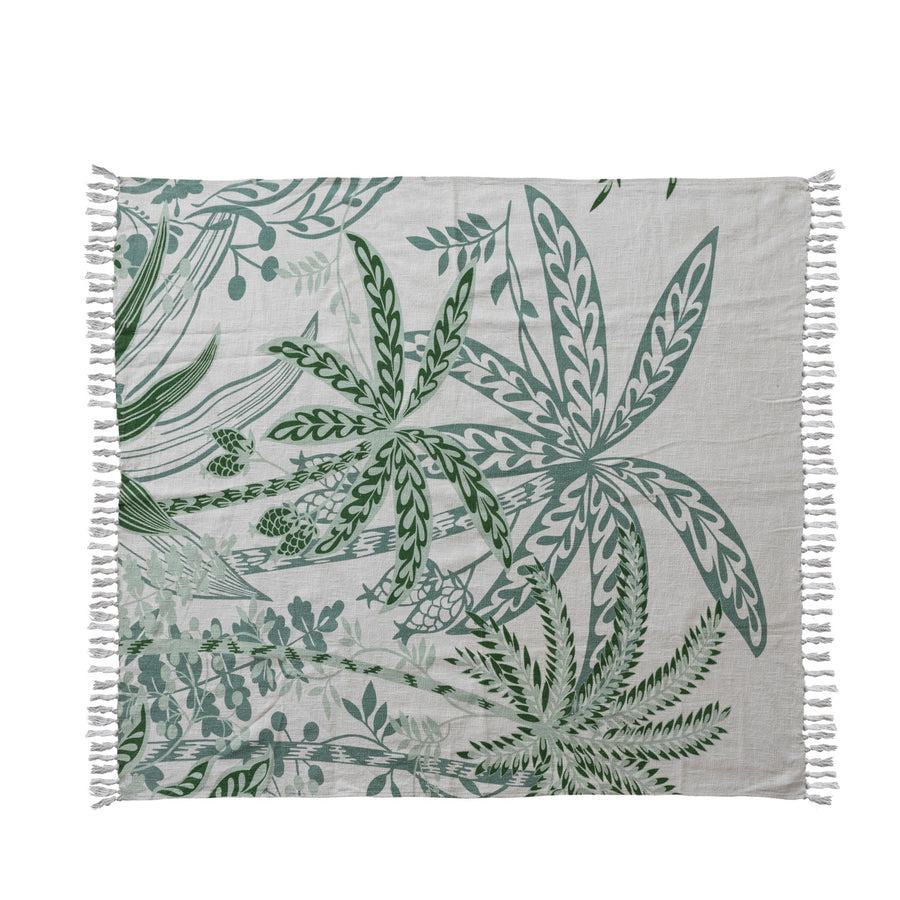Cotton Slub Printed Throw with Palm Trees & Fringe