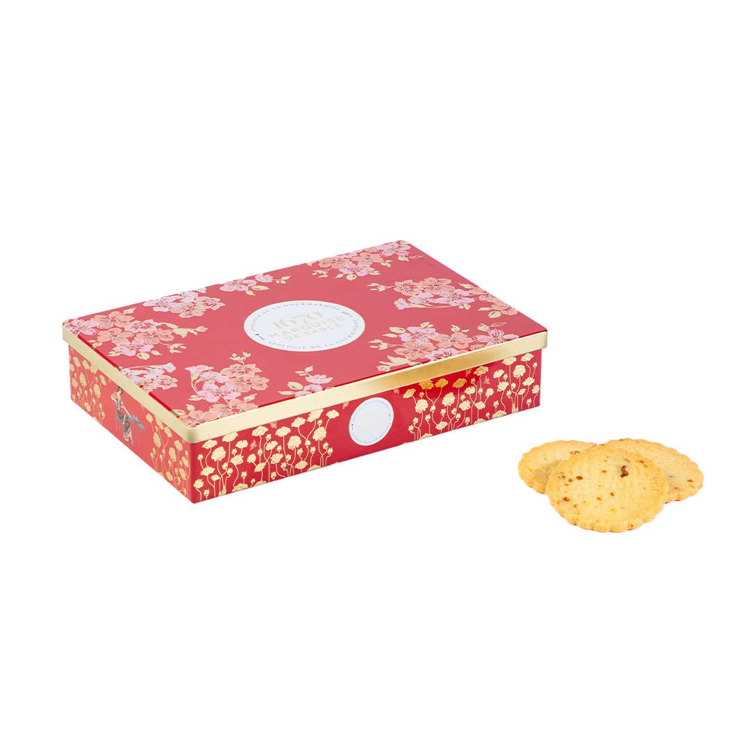 Caramel Chip Shortbread Cookies Holiday Floral, In Red Gold Tin