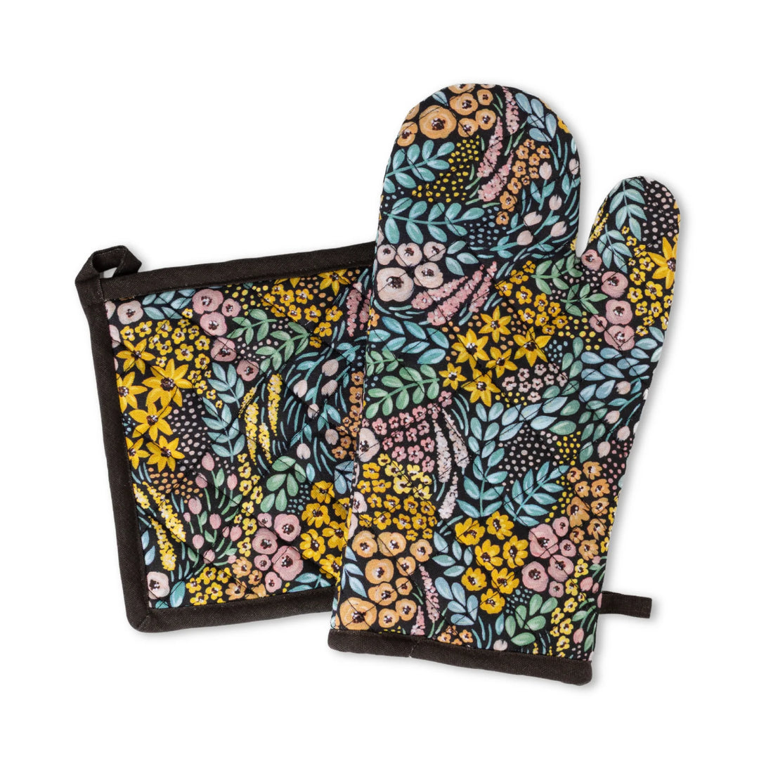 Black Floral Oven Mitt & Pot Holder Set