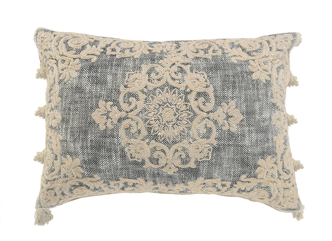 Gray/Ivory Medallion and Bordered Throw Pillow, 14" x 20"