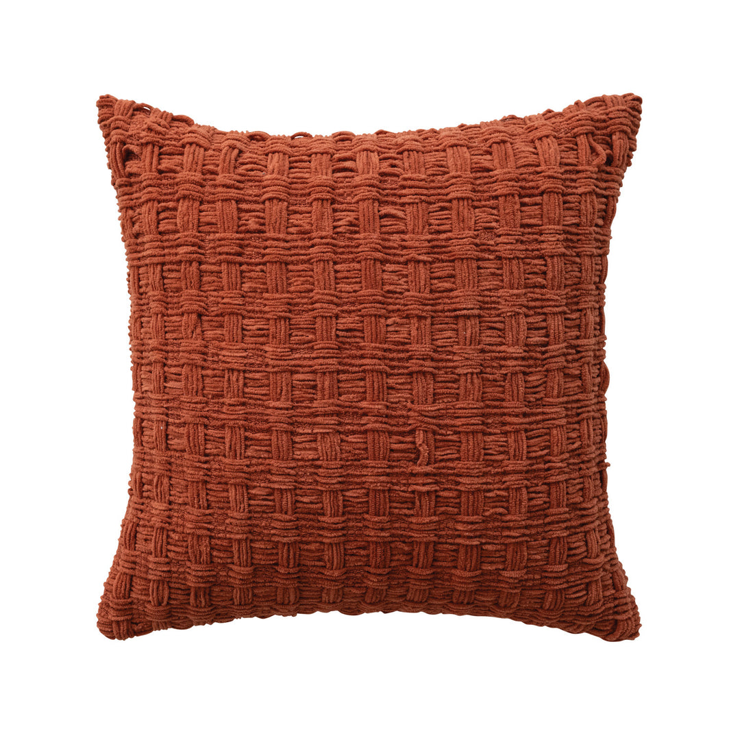 Rust Color Woven Fabric Chenille Waffle Weave Pillow, 18" Square