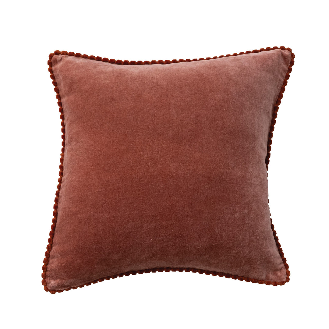 Apricot & Pink Cotton Velvet Pillow With Decorative Piping, 18" Square