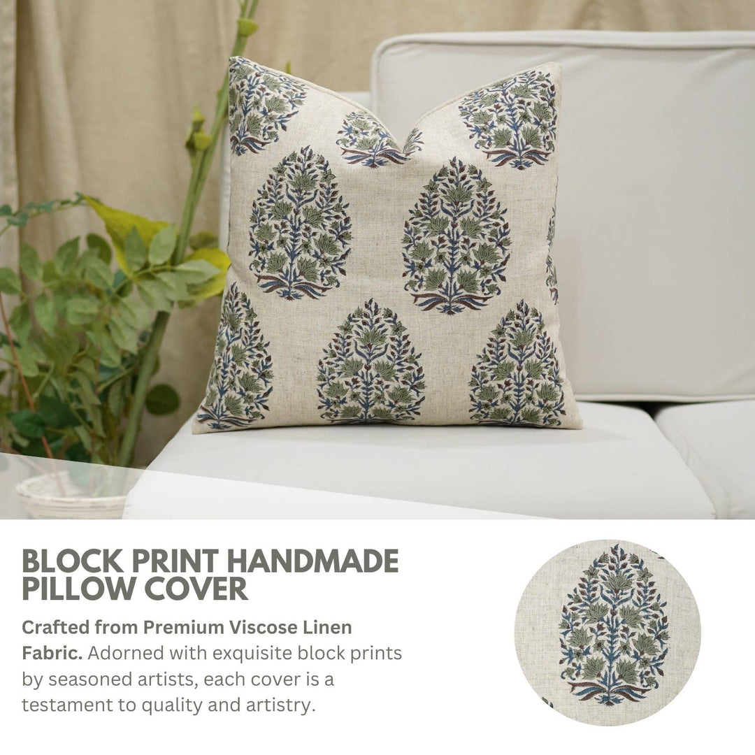Hand Block Printed Viscose Linen Pillow, 18" x 18"