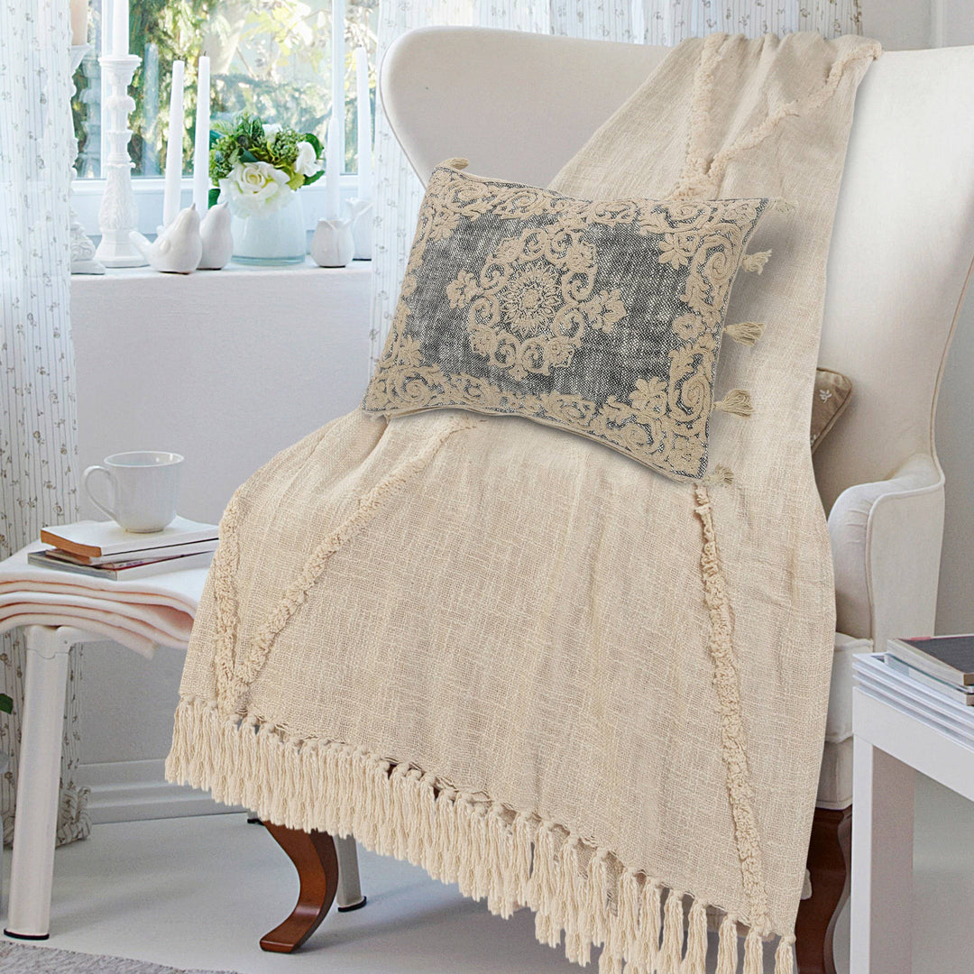 Gray/Ivory Medallion and Bordered Throw Pillow, 14" x 20"