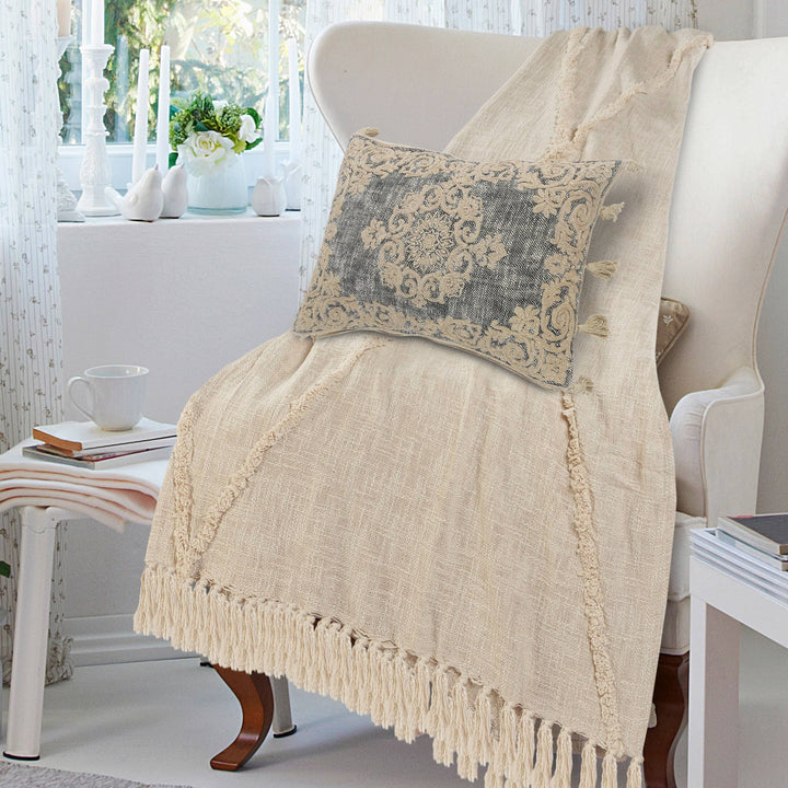 Gray/Ivory Medallion and Bordered Throw Pillow, 14" x 20"