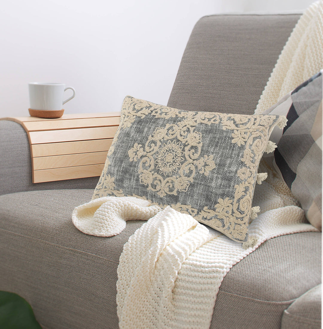 Gray/Ivory Medallion and Bordered Throw Pillow, 14" x 20"