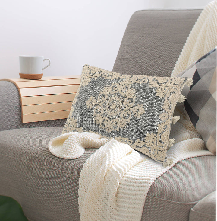 Gray/Ivory Medallion and Bordered Throw Pillow, 14" x 20"