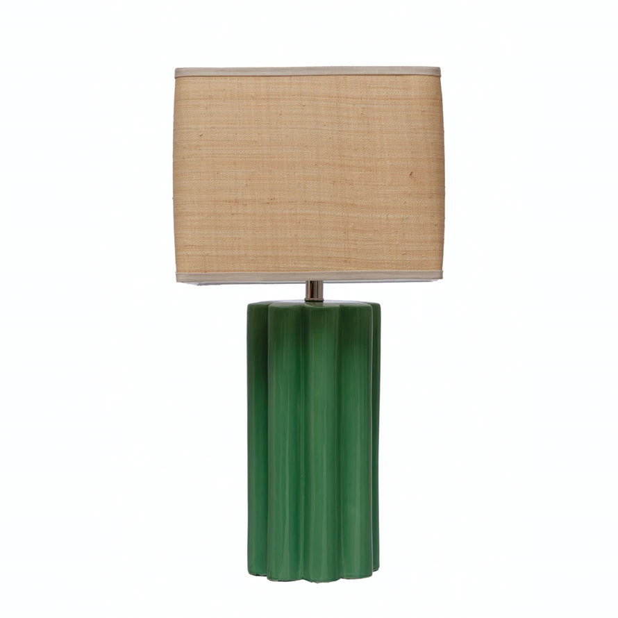 Green Stoneware Fluted Table Lamp with Raffia Shade